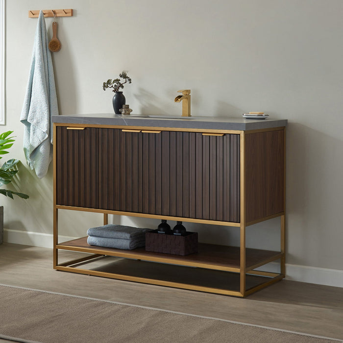 Vinnova Donostia 48" Vanity in Walnut with Grey Composite Armani limestone board stone countertop With Mirror  737048-NLW-ALB