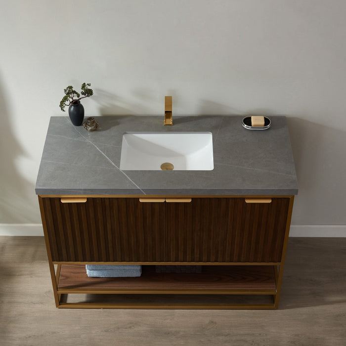 Vinnova Donostia 48" Vanity in Walnut with Grey Composite Armani limestone board stone countertop With Mirror  737048-NLW-ALB