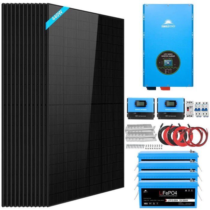 SunGoldPower Complete off Grid Solar Kit 12000W 48V 120V/240V output 10.24KWH Lithium Battery 5280 Watt Solar Panel SGK-12MAX